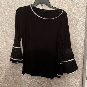 Black bell sleeve top with rhinestone trim